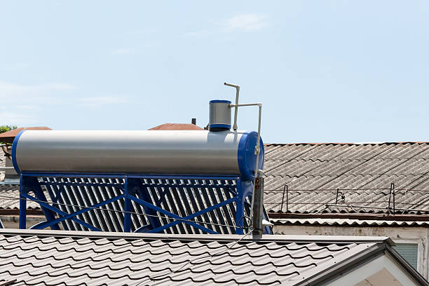 istock Contemporary hot water panels on a house 625704450