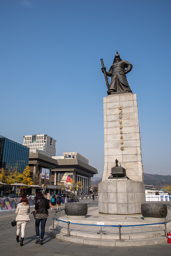 Seoul, Korea , Republic - November 16, 2016:  Statue of General Lee at Sejongno, Jongno-gu, Seoul, South Korea