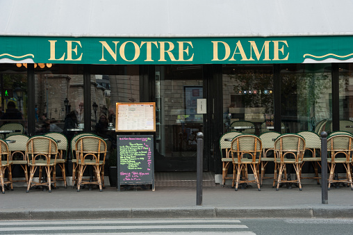 Paris, France - April 27, 2016: The cafe and restaurant Notre Dame outside in Paris, France.