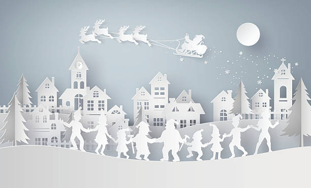 Illustration of  merry christmas and happy new year Illustration of  merry christmas and happy new year,Claus on the sky coming to City  with happy family dance around .Design and produce by vector of paper art and craft style christmas family party stock illustrations