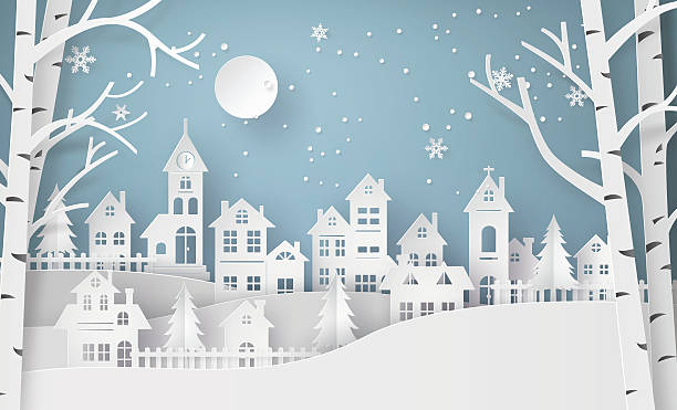 ilustraciones, imágenes clip art, dibujos animados e iconos de stock de nieve de invierno paisaje urbano paisaje ciudad pueblo con ful lm - christmas landscape