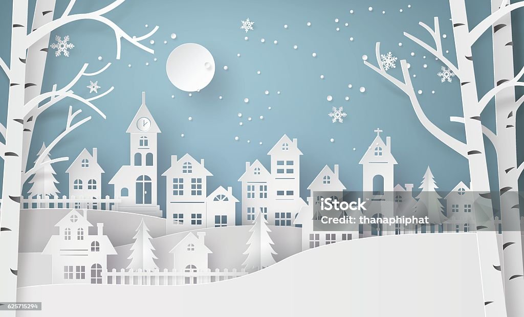 Winter Snow Urban Countryside Landscape City Village with ful lm Winter Snow Urban Countryside Landscape City Village with ful lmoon,Happy new year and Merry christmas,paper art and craft style. Christmas stock vector
