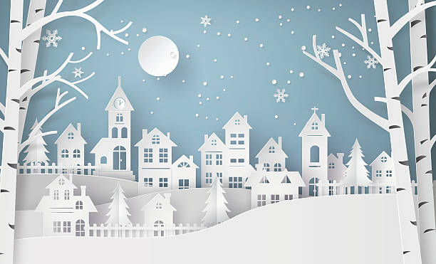 Winter Snow Urban Countryside Landscape City Village with ful lm Winter Snow Urban Countryside Landscape City Village with ful lmoon,Happy new year and Merry christmas,paper art and craft style. village stock illustrations