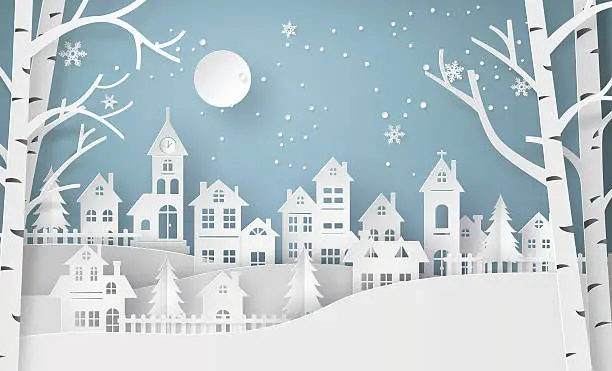 Vector illustration of Winter Snow Urban Countryside Landscape City Village with ful lm