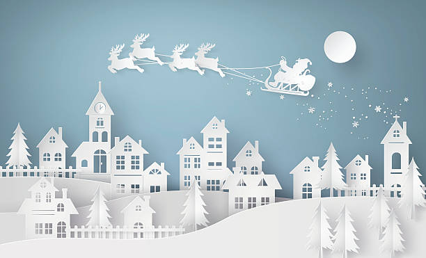 illustration des weihnachtsmannes am himmel, der in die stadt kommt - schlitten tierantrieb stock-grafiken, -clipart, -cartoons und -symbole