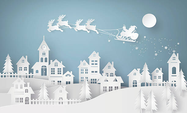 иллюстрация санта-клауса на небе подходит к городу - животное sleigh stock illustrations