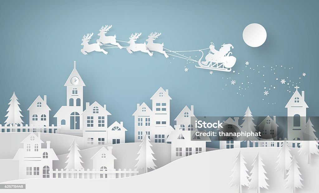 Illustration of Santa Claus on the sky coming to City Merry Christmas and Happy New Year. Illustration of Santa Claus on the sky coming to City ,paper art and craft style Christmas stock vector