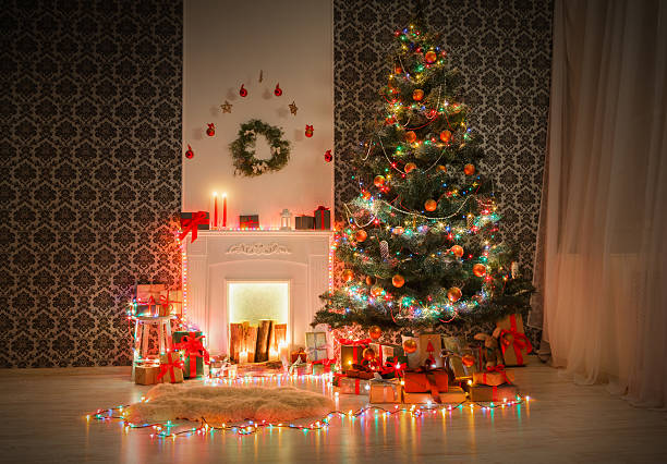 istock Christmas room interior design, decorated tree in garland lights 625715914
