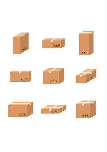 Set delivery cardboard boxes different sizes carton. Set delivery cardboard boxes different sizes carton vector isolated on white background. Cardboard boxes pack with handling packing icons. Closed parcel box, package paper boxes in flat style. giant cube stock illustrations
