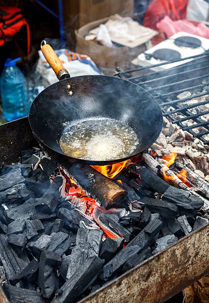 istock old chinese wok pan with boiling oil on a fire 625722446