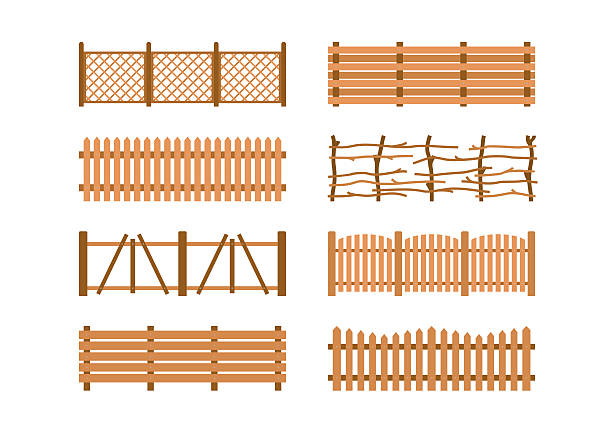 zestaw drewniane różne ogrodzenia ogrodowe. budownictwo płyt ogrodzeniowych na obszarach wiejskich - garden fence stock illustrations