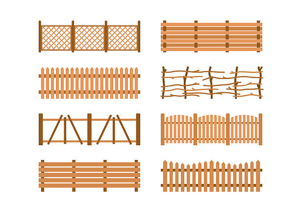 ilustrações de stock, clip art, desenhos animados e ícones de set wooden different garden fences. rural fencing wood boards construction - garden fence