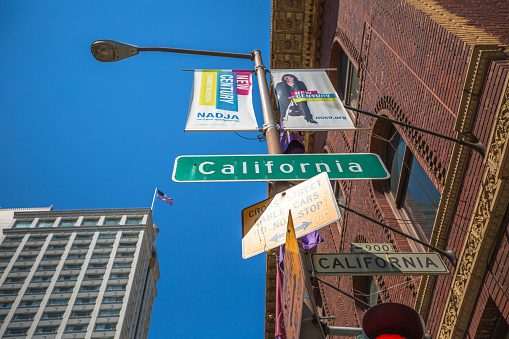 San Francisco, CA, United States - August 17, 2016: close up of California street sign that intersect with Powell street and University Club of San Francisco historic building in Nob Hill neighborhood