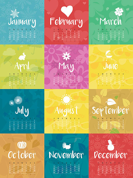 год 2017 ежемесячный календарь красочный вектор иллюстрация - monthly stock illustrations