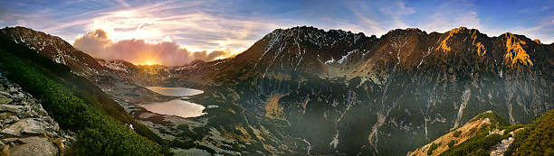 istock Panoramic  view of the five lakes valley in tatra mountain 625735808