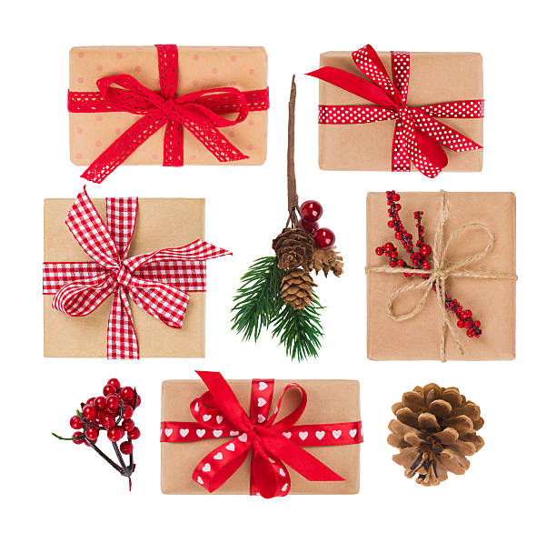 Top view of gift boxes and decoration isolated on white