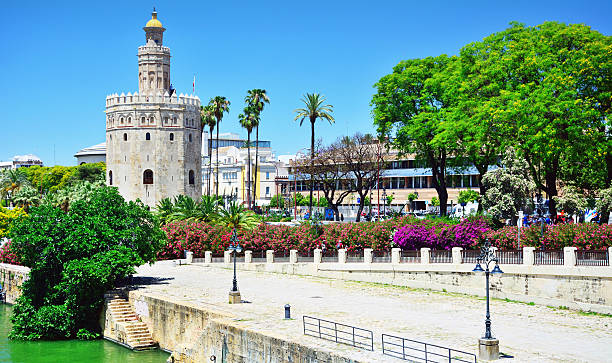 golden tower, siviglia - seville sevilla torre del oro tower foto e immagini stock