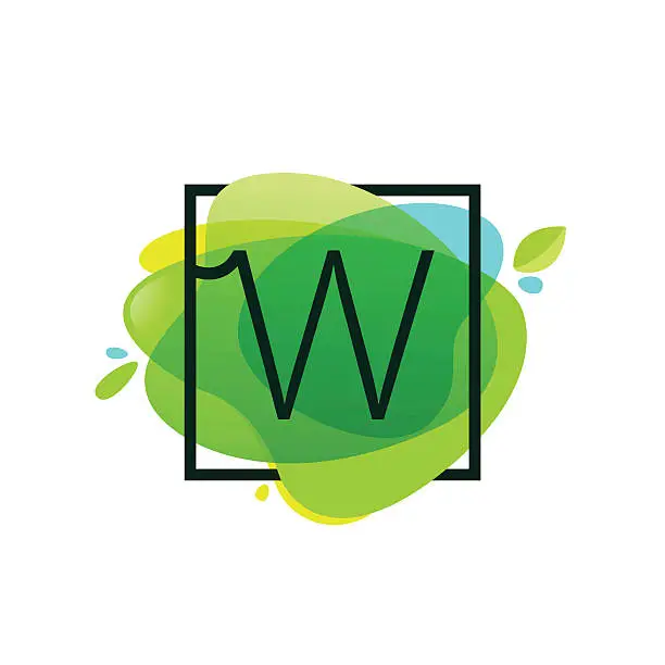 Vector illustration of W letter icon in square frame at green watercolor splash