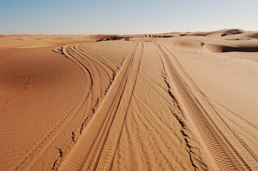 Tyre / Tire Tracks Through The Desert Sand Dunes and Fork in Path