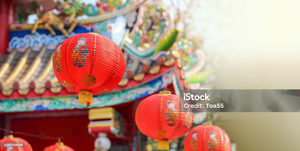 Chinese new year lanterns Chinese new year lanterns with blessing text mean happy ,healthy and wealth in china town. China - East Asia Stock Photo