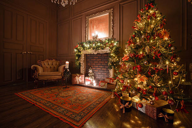 istock Calm image of interior Classic New Year Tree decorated in 625740650
