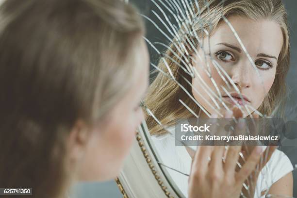Woman Touching Broken Mirror Stock Photo - Download Image Now - Mirror - Object, Broken, Women