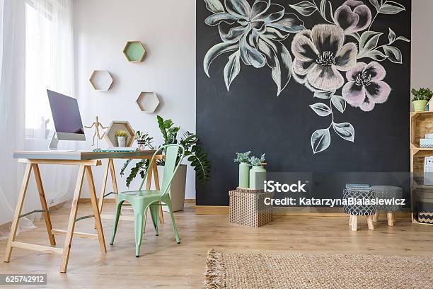 Spacious Room With Desk Stock Photo - Download Image Now - Wall - Building Feature, Chalkboard - Visual Aid, Black Color