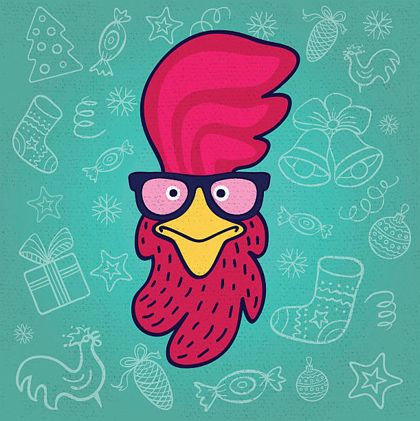 Set of hand drawn labels. New Year in sketch style. Hipster rooster in glasses. Funny cartoon, character, candy, chalk, chalkboard. Hand drawn vector illustration. crazy chicken stock illustrations