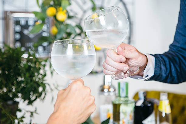 Crop close up glasses clinking Close up crop hands clinking with cocktail glasses. gin stock pictures, royalty-free photos & images