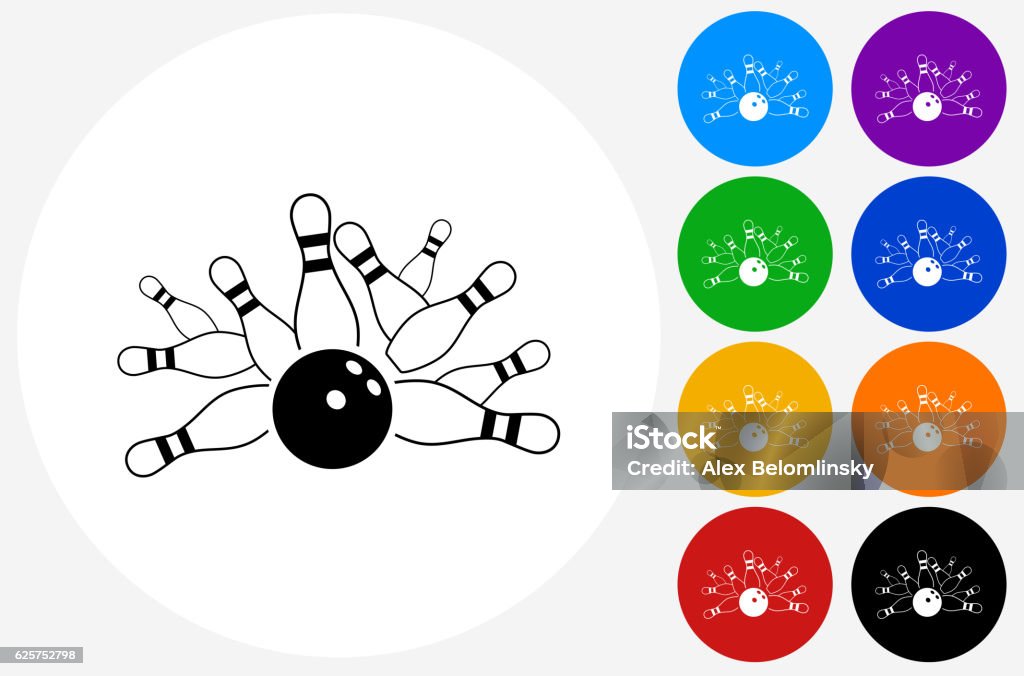 Bowling Strike Icon on Flat Color Circle Buttons Bowling Strike Icon on Flat Color Circle Buttons. This 100% royalty free vector illustration features the main icon pictured in black inside a white circle. The alternative color options in blue, green, yellow, red, purple, indigo, orange and black are on the right of the icon and are arranged in two vertical columns. Bowling Pin stock vector