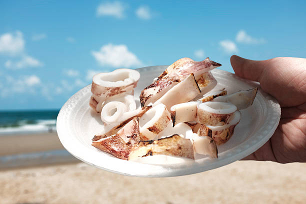 Plate of barbecue squid with a Thailand beach background.