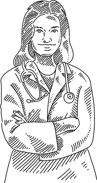 Young Doctor Drawing Line drawing of Young Woman Doctor. Elements are grouped.contains eps10 and high resolution jpeg. doctor drawings stock illustrations