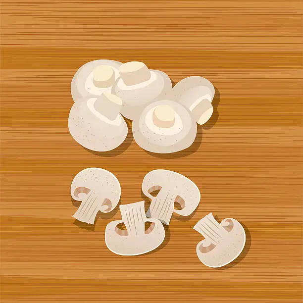 Vector illustration of Whole And Sliced  Mushrooms On Wooden Background