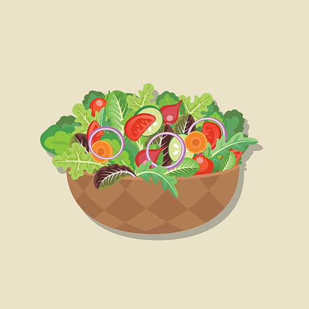 illustrations, cliparts, dessins animés et icônes de légumes frais: bol en bois de salade - saladier