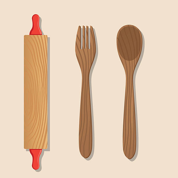 ilustraciones, imágenes clip art, dibujos animados e iconos de stock de elementos de cocina - rodillo y cuchara y tenedor de madera - rolling fork