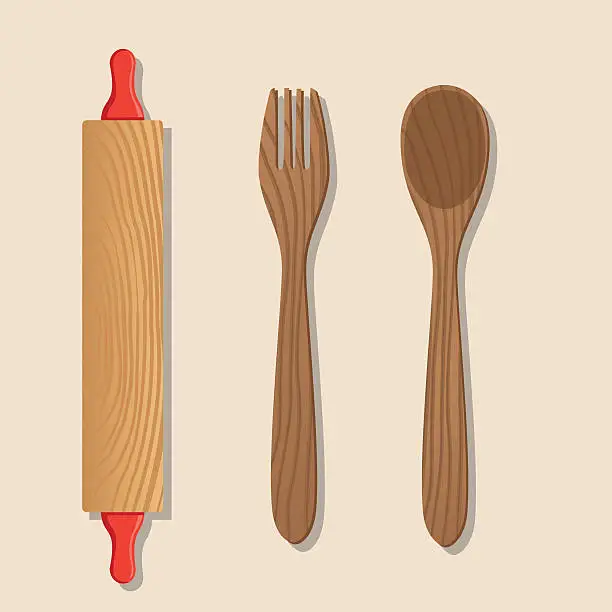 Vector illustration of Cooking Elements - Rolling Pin and Wooden Spoon and Fork