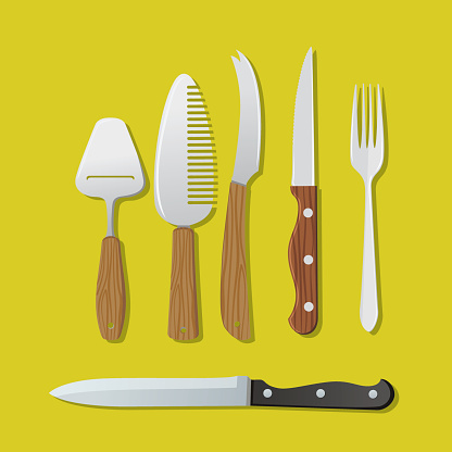 Cooking Elements - Knives and Utensils. Includes a kitchen knife, steak knife, fork, cheese slicer.