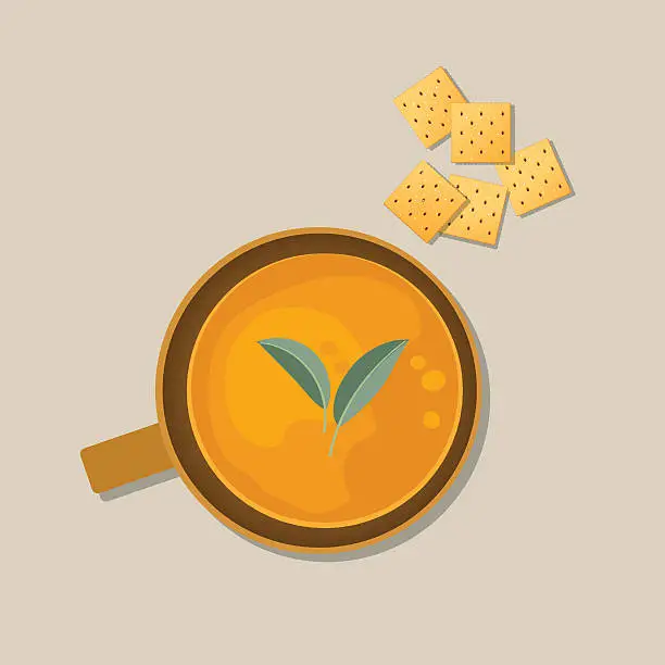 Vector illustration of Bowl Of Steaming Hot Homemade Soup With Crackers