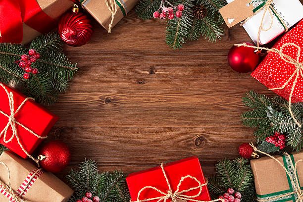 istock Christmas Gift Boxes with Baubles and Fir Tree Branch 625768730
