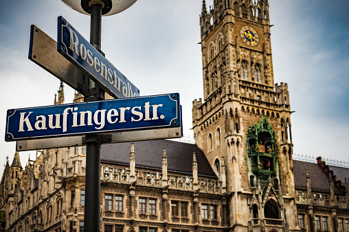 Munich street sign from Kaufingerstreet. It is in the pedestrian zone one of the biggest shopping streets. Background famous city hall.