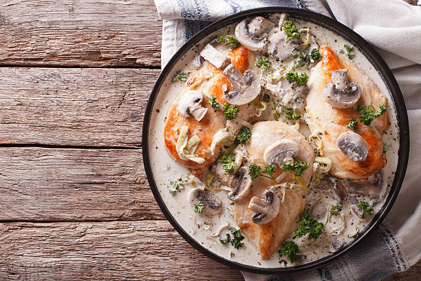 istock Chicken breast with mushrooms in cream sauce horizontal top view 625771450