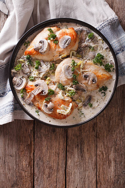 istock Chicken breast with mushrooms in cream sauce vertical top view 625771740