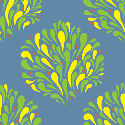 decorative seamless pattern stylized leaves and splashing water in autumn colors on a gray background