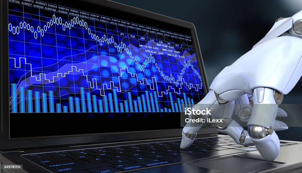 Exchange trade robot Exchange trade robot. Automated trading system is a computer trading program. Robot Stock Photo