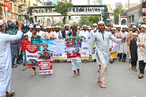 Dhaka, Bangladesh - November 25, 2016: Thousands of Muslim people in Bangladesh take to the streets in capital Dhaka and elsewhere in the country denouncing the atrocities on Rohingya Muslims in Myanmar and urging Bangladesh government to open the border allowing the Rohingya refugees to enter Bangladesh.
