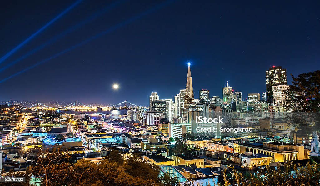 Super Moon over San Francisco Beautiful Super Moon pver San Francisco Skyline at Night Time San Francisco - California Stock Photo