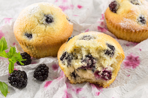 Homemade blackberry muffins covered with sugar powder