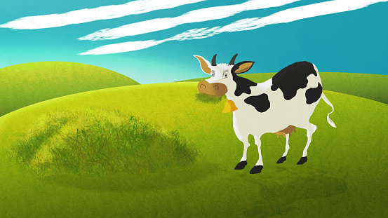 Cartoon painting illustration of Cow outdoor at green grass landscape above blue sky