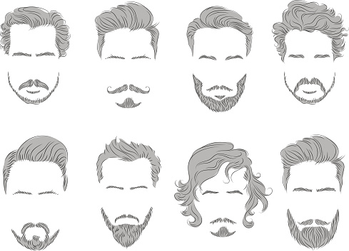 vector set of different male mustache beard hair care line silhouette sketch posters for hairdresser.