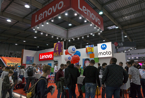 Kiev, Ukraine - October 9, 2016: Unrecognized people visit Lenovo, a Chinese multinational technology company booth during CEE 2016.